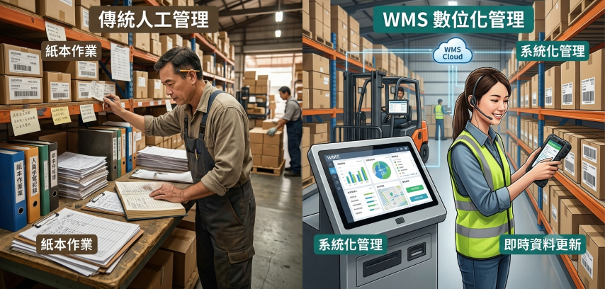 傳統人工管理容易產生資訊落差,WMS可透過即時資料管理提升庫存準確率與物流效率。