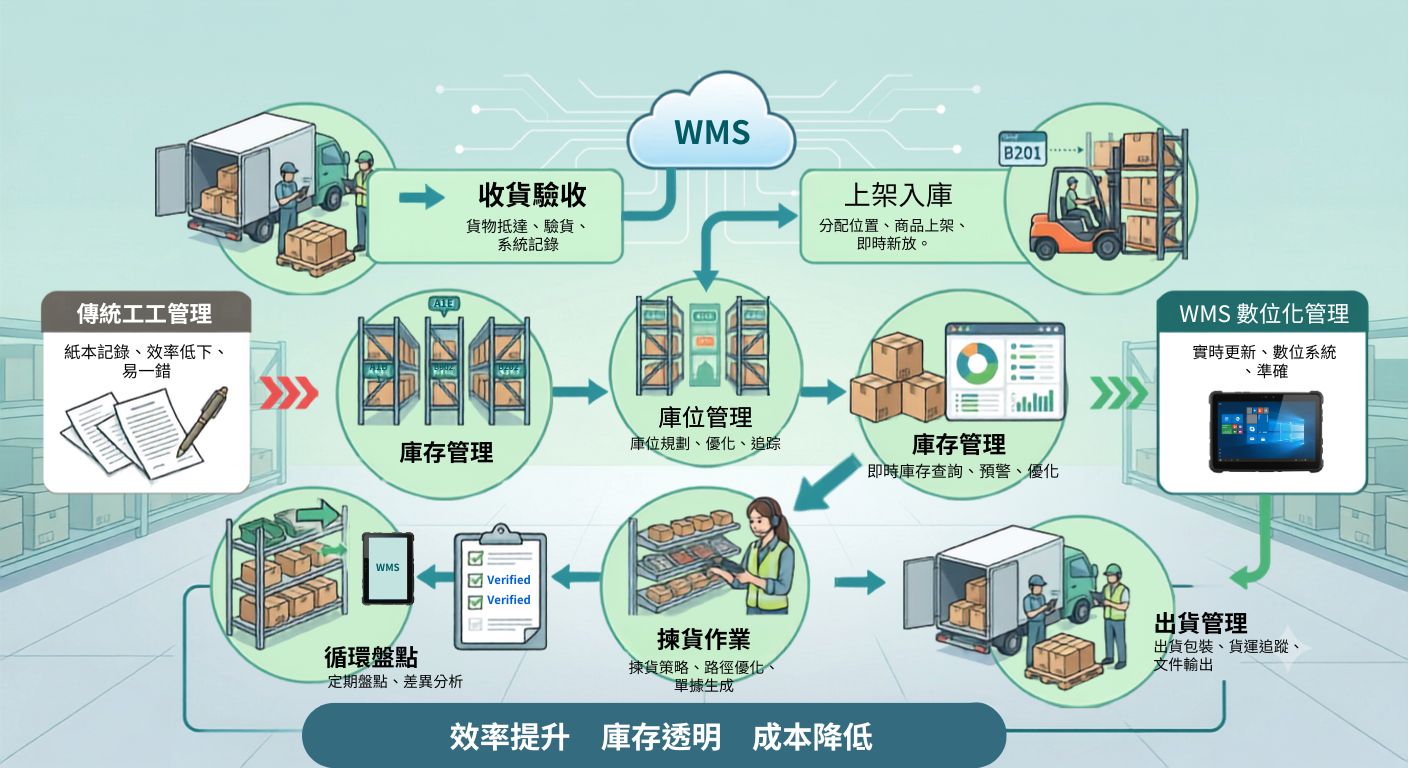 透過行動化作業設備即時連接WMS系統,可降低資訊落差並提升現場作業效率。